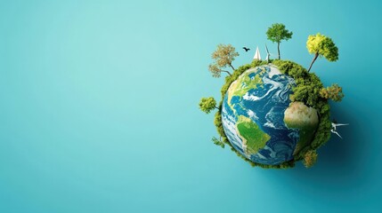 Naklejka premium Sustainable planet Earth surrounded by green trees and wind turbines, eco-friendly renewable energy and environment conservation concept, clean world minimal background.