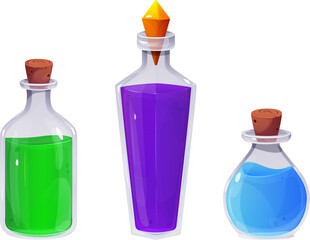 Halloween potion. Cartoon set of magic potion. Various glass jars with colorful potions. Vector illustration.