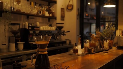 A Cozy Coffee Shop Ambiance With Brewing Equipment and Warm Lighting in the Evening