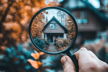A magnifying glass being held by a person, with a house clearly visible inside the lens. The house is the focal point, symbolizing a precise and dedicated search for the perfect real estate property