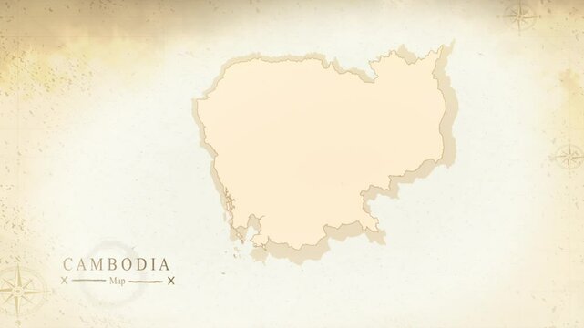 Map of Cambodia in the old style, brown graphics in retro fantasy style, perfect for intro or video presentation. High quality 4K video.