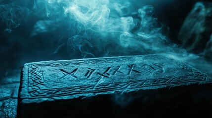 Ancient runes carved into a dark stone altar, with tendrils of smoke , atmosphere of ancient magic