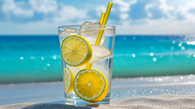 Refreshing lemonade glass on sunny beach backdrop