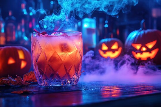 A spooky Halloween cocktail in the shape of an illuminated jack-o'-lantern, served on a bar counter with pumpkins and spider webs around it. The drink is red or orange, decorated to look like a pumpki