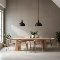 A modern and minimalist dining room with a large wooden table surrounded by wooden chairs.