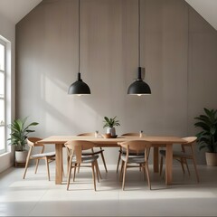 A modern and minimalist dining room with a large wooden table surrounded by wooden chairs.