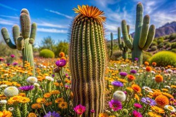 Colorful desert wildflowers and cactus close-up