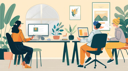 A remote team of designers and writers collaborating on a brand campaign, sharing mockups and drafts through cloud-based tools.