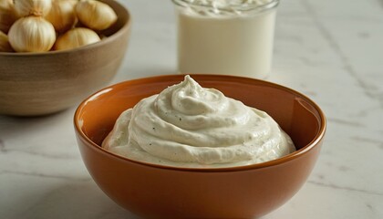 Fototapeta premium Yogurt Sauce Homemade Healthy Creamy Dip with Herbs and Garlic on White Background 3
