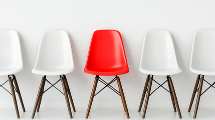 A vibrant red chair stands out among four white chairs against a minimalist background, creating a striking visual contrast.