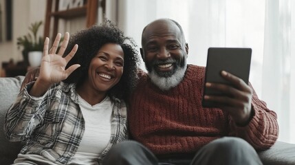 Happy senior couple sitting together on the sofa at home Smile and wave while making a video call on your tablet. Moments of happiness and bonding with loved ones.