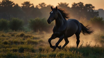 A black horse runs through a field of tall grass, kicking up dust with its hooves as the sun sets in the background.