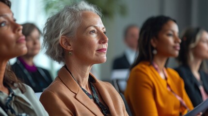 Fototapeta premium A diverse group of mature professional businesswomen and colleagues participated in the workshop presentation. By sitting in a modern conference room.