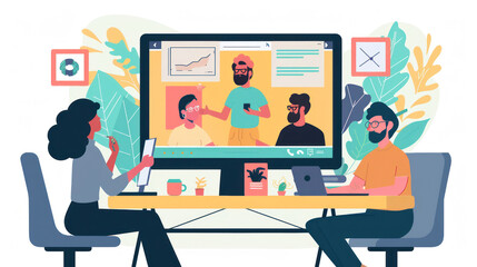 A remote team presenting the results of a successful project to stakeholders via video call, highlighting key outcomes and future goals.