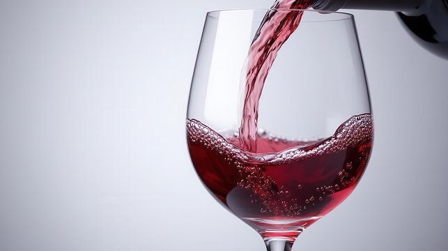 A slow motion shot of wine being poured into a glass, the liquid swirling and forming bubbles
