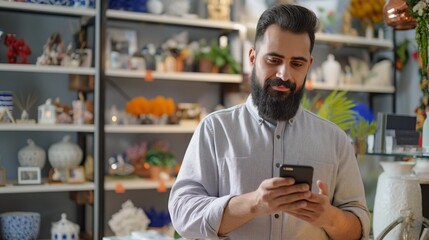 Handsome hispanic man with beard uses phone in modern home decor shop interior. Engrossed in phone, surrounded by shelves of decorations, potted plants, vases, figurines. Gray shirt, black phone,