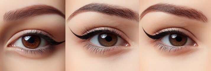 A collage of a woman's closeup before and after the permanent eyeliner procedure. The comparison shows the subtle transformation, with the after image showcasing a flawless, defined eyeliner look
