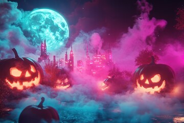 Halloween pumpkins in an otherworldly environment, illuminated by neon lights