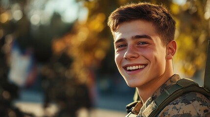 A close-up portrait of a happy young soldier smiling with pride, wearing his military uniform. The background features a welcoming home scene, symbolizing his return from service, with his joyful expr
