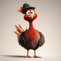 Cartoon Thanksgiving Turkey.  Generated image.  A digital illustration of a 3D cartoon Thanksgiving turkey wearing a Pilgrim&rsquo;s hat.