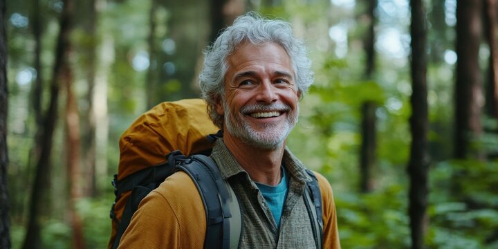 A cheerful senior man stands beside his tent, enjoying a camping trip in the great outdoors. His fit physique and wide smile showcase his dedication to an active, healthy lifestyle amidst nature's bea