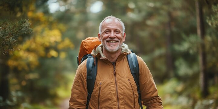 A cheerful senior man stands beside his tent, enjoying a camping trip in the great outdoors. His fit physique and wide smile showcase his dedication to an active, healthy lifestyle amidst nature's bea