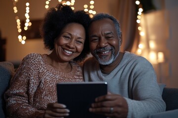 A cheerful senior couple in their cozy home makes a video call on their tablet, their bright smiles reflecting the joy of staying connected.
