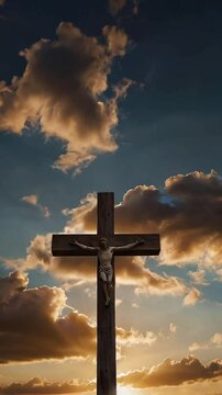 A cross is lit up in the sky with the sun shining on it. The scene is serene and peaceful, with the cross symbolizing hope and faith

