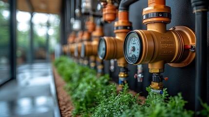 Obraz premium modern water boiler system,expansion vessel the system is designed for efficient heating and is installed on brock wall showcasing its complex network of pipes valves and gauges.illustration