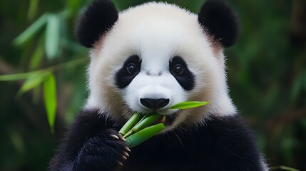 Naklejka premium A cute panda eating bamboo, with soft pastel colors in the background.