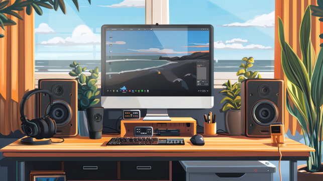 A remote worker's customizable workspace, featuring a desk that can be rearranged and personalized tech tools to suit changing tasks.