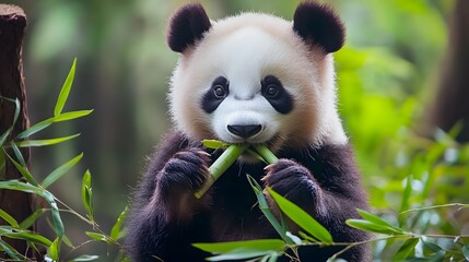Fototapeta premium A cute panda eating bamboo, with soft pastel colors in the background.