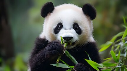Obraz premium A cute panda eating bamboo, with soft pastel colors in the background.
