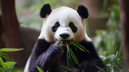 Fototapeta premium A cute panda eating bamboo, with soft pastel colors in the background.