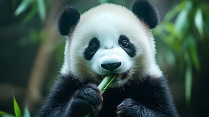Fototapeta premium A cute panda eating bamboo, with soft pastel colors in the background.