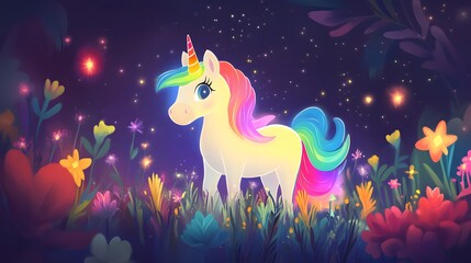 Obraz premium A cute unicorn with rainbow-colored mane, standing in a field of stars and glowing flowers.