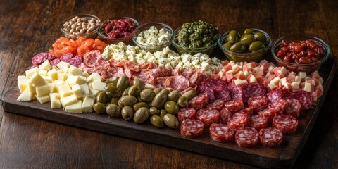 Fototapeta premium Un surtido de embutidos, quesos, aceitunas y vegetales dispuesto en una tabla de madera.
