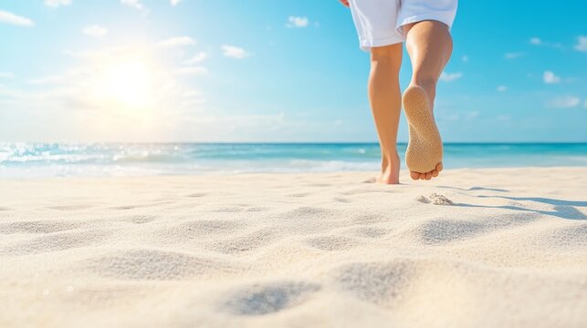 A person walking barefoot on a sandy beach at dawn, embracing the calmness of the moment