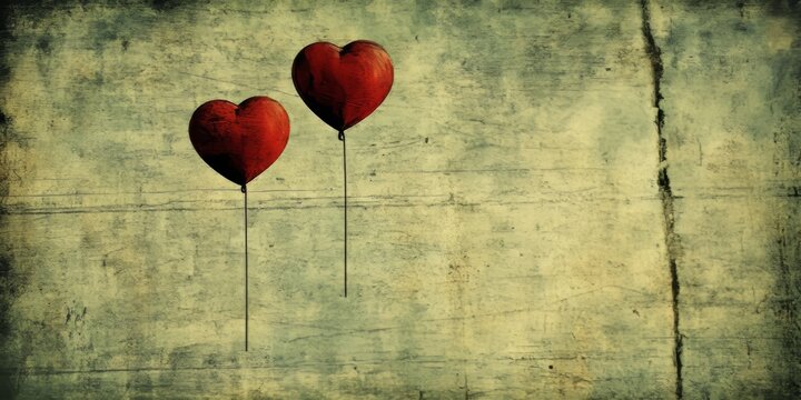 Dos globos en forma de coraz&oacute;n sobre un fondo vintage desgastado, con un toque nost&aacute;lgico.

