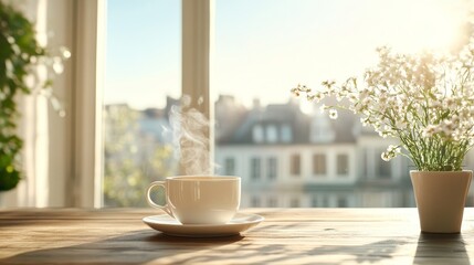 A warm cup of tea in the morning light, symbolizing calm and a peaceful start to the day