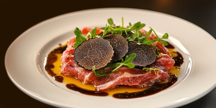 Carpaccio de res finamente laminado con trufas negras, r&uacute;cula y un toque de aceite de oliva.

