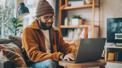 A remote worker browsing job listings on an e-commerce platform, exploring opportunities to work from anywhere in roles like customer service, marketing, and IT.