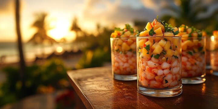 Ceviche de camar&oacute;n con pi&ntilde;a y mango, servido en vasos de cristal frente a un paisaje de playa tropical.


