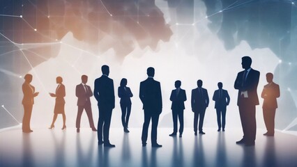Silhouettes of businesspeople standing in front of a blurry background.