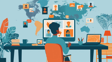 Fototapeta premium A remote worker collaborating with an international team, participating in a video conference with colleagues from different continents.