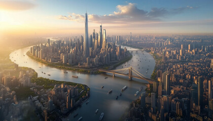 Fototapeta premium Panoramic skyline view of a large city with modern skyscrapers and a river flowing under a prominent bridge at sunrise