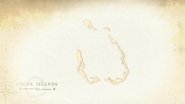 Map of Cocos Island in the old style, brown graphics in retro fantasy style, perfect for intro or video presentation. High quality 4K video.