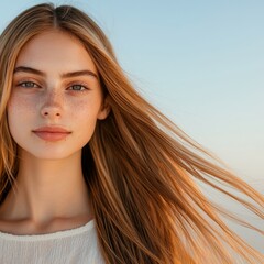 Fototapeta premium Young woman with long hair, facing the camera against a soft background.