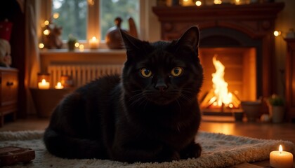 Majestic black cat lounging regally by cozy fireplace with festive lights