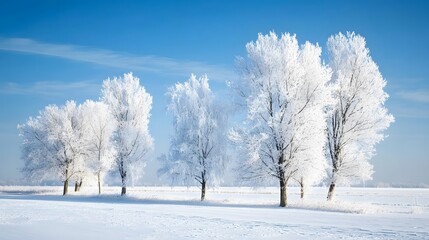Obraz premium A frozen winter landscape, with snow-covered trees and icy blue skies.